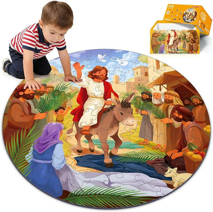 Christian Easter Gifts for Kids 70 Piece Jesus Floor Puzzles for Kid Easter Basket Stuffers Christian Educational Toy for Sunday School Holy Week Palm Sunday Gift Boys Girls Ages 3-8