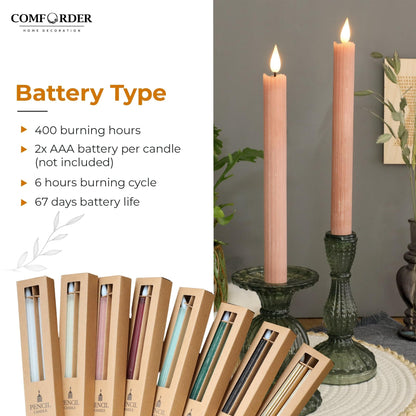 comforder Flameless Taper Candles – Flickering LED Flame with 6H Timer – Real Wax, Ribbed Design – Battery Operated Set of 2 – 10" Tall (Mauve)
