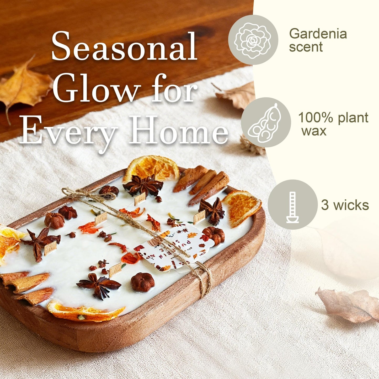6 Wick Spice Decorated Scented Candle in Wooden Bowl - 20 Oz Aromatherapy Soy Wax Candle for Home Holiday Decor - Jasmine Spice Cinnamon Clove Scented-JAS