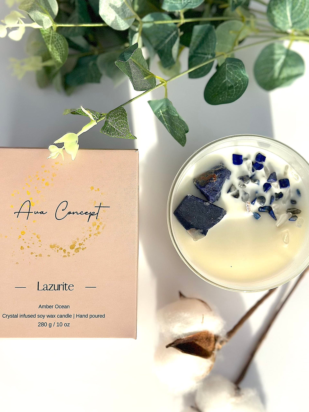 Ava Concept Lazurite Crystal Candle – 10oz / 280g | Amber Ocean Aromatherapy | Hand-Poured Soy Wax | Genuine Lapis Lazuli Healing Crystals Embedded | Power, Wisdom & Luck | Gift Box Included