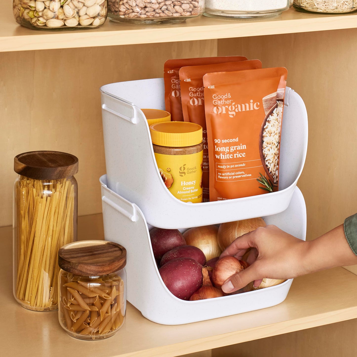 YouCopia ShelfBin Packet Organizer, 4-Tier Stairstep Raised Divided Bin, BPA-Free Storage Caddy for Kitchen Pantry and Cabinet Organization, Tea Bags, Medicine, and More