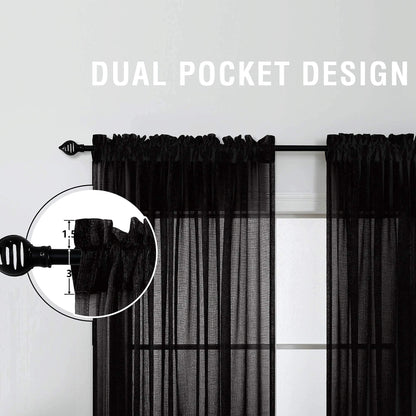 KOUFALL Sheer Black Curtains for Bedroom 2 Panels,Boho Window Curtains for Bathroom Kitchen Living Room 63 Inch Length