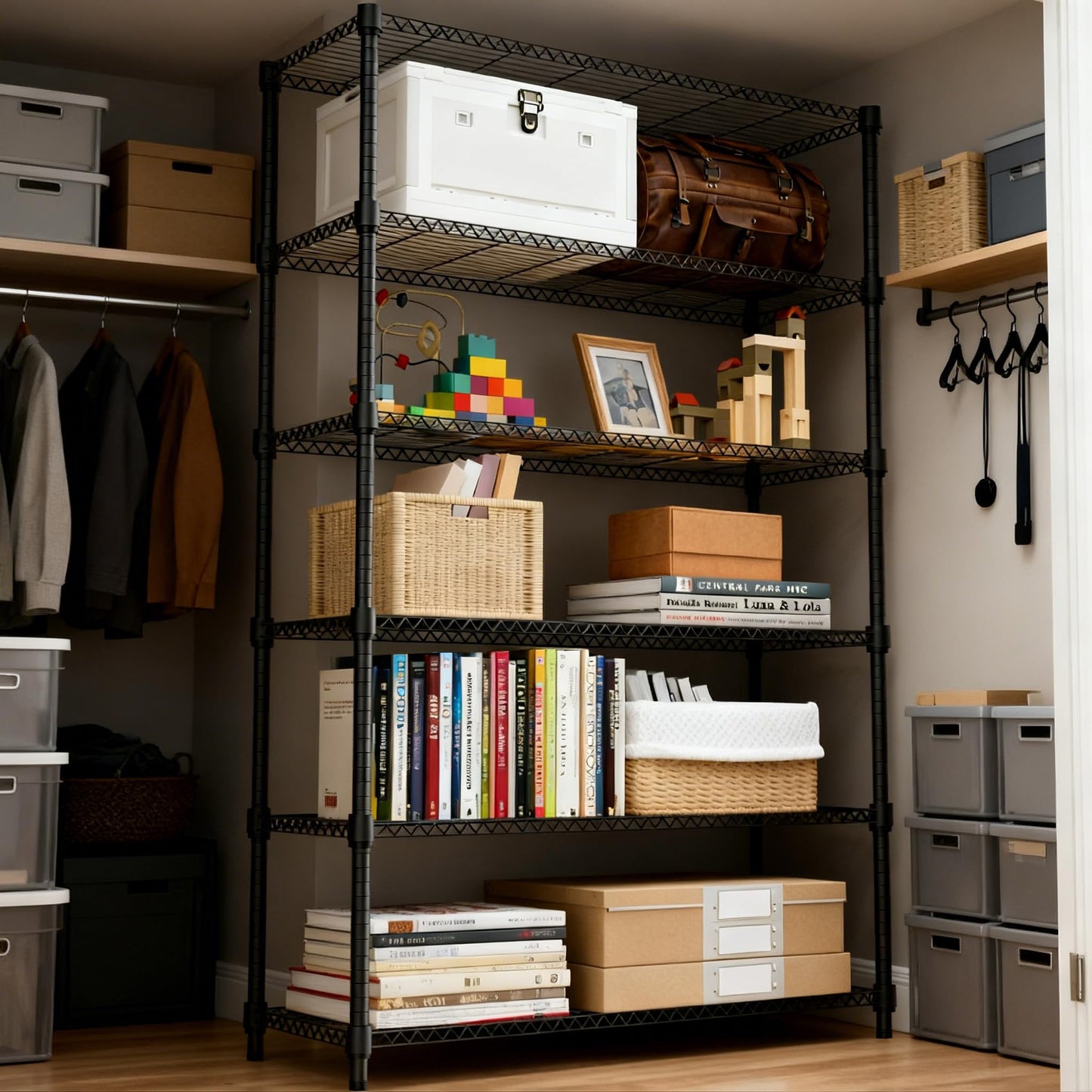 M MZG 2100LBS 47.2" W 6 Tiers Shelf Storage Shelves Metal Shelving Unit Heavy Duty Garage Shelving Adjustable Wire Shelves for Pantry,Kitchen,Garage,Basement,Black 17.7" D x 47.2" W x 82.4" H