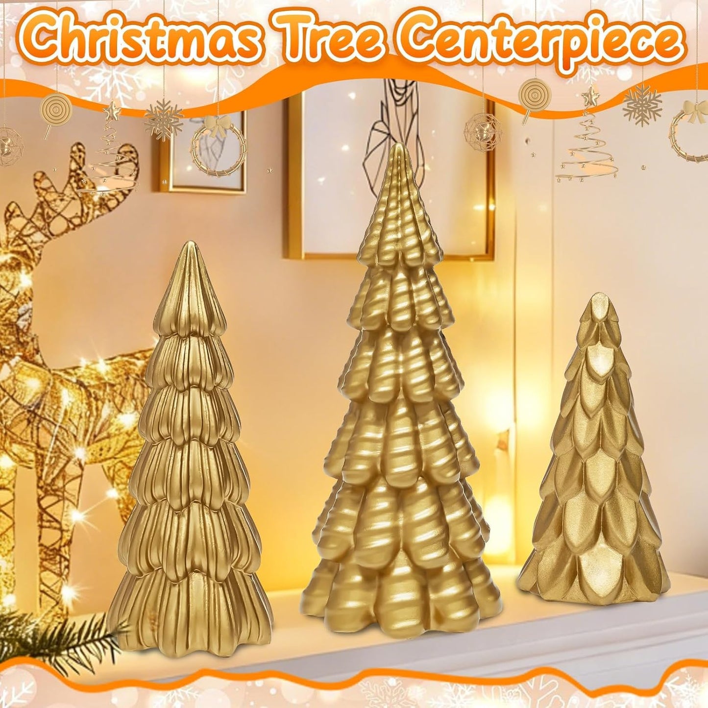Warmtree Gold Christmas Tree Figurines Set - 3 Small Resin Tabletop Decorations for Festive Home Decor