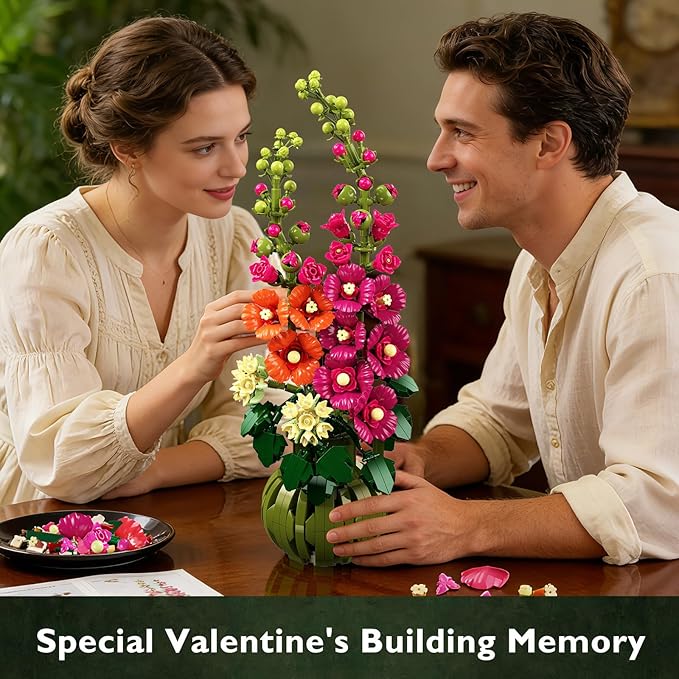 Flowers Botanicals Alcea Rosea Building Set for Adults - Artificial Bonsai Plant for Home Office Décor 974PCS Flower Building Block Indoor Decoration Birthday Easter Gift for Wife Women