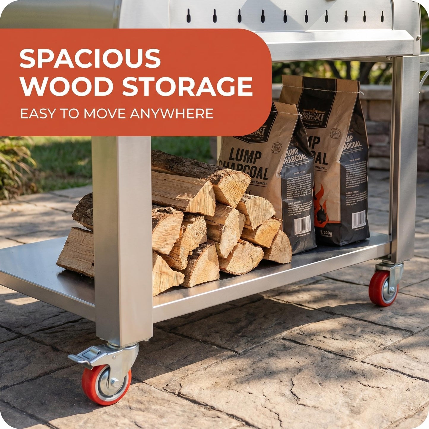 Wood Fired Pizza Oven Outdoor, 44 Inch Large Stainless Steel Wood Burning Camping Oven with Wheels & Accessories, Charcoal Outdoor Oven for Baking Roasting Grilling Searing, for Backyard Garden Patio