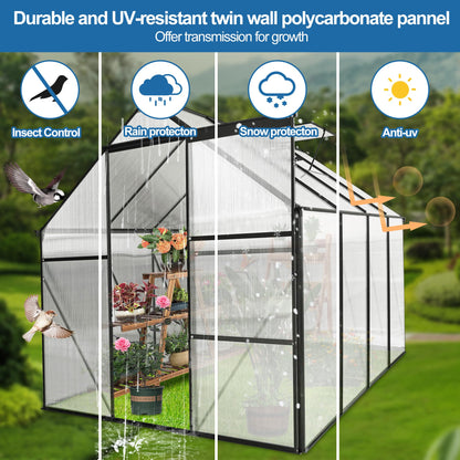 Acosure 6x8 FT Polycarbonate Greenhouse, Walk-in Garden Plants Heavy Duty Green House, Weatherproof Aluminum Hot House w/ Raised Base and Sliding Door & Vent for Outdoor Backyard, Black