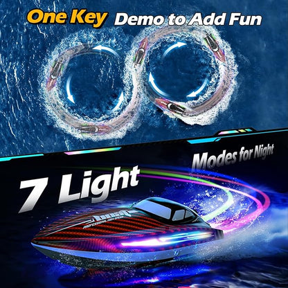 RC Boat 30KMH with 7Light ModesRemote Control Electric Fast Speed Boat for Adults Kids 8-12 Lake Pool Water PlaySelf-rightingDemoWater CoolingFull Waterproof20 MinsLow Battery Alert2.4GhzRed