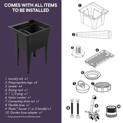 Freestanding Utility Sink with One Handle Chrome Faucet - 24" Plastic Utility Sink for Garage, Laundry, Indoor and Oudoor Use - Laundry Tub Kit by Noah William Home - Black (19.5 gal)