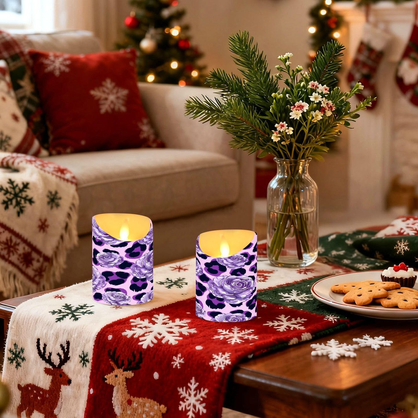 ALAZA Purple Leopard Print Rose Pattern Flickering Flameless Candles Battery Operated with Remote Timer,Tea Light Candles LED Pillar Votive Set of 2 for Outdoor Indoor Decorations 3" x3.9"