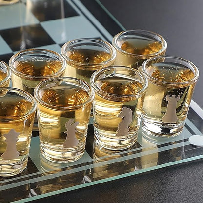 Shot Glass Chess Set – 13.78 Chess Board with 32 Mini 1.89 Shot Glass Pieces Fun Drinking Chess Game for Adults Party Game &amp Novelty Gift