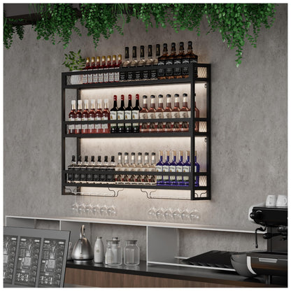 Rindaix Wine Rack with LED Light Metal Wine Rack Wall Mounted, 3-Tiers Bar Liquor Shelf with Wine Glass Holder, Industrial Liquor Bottle Display Storage Shelf for Home Bar, Dining Room (Black, 100cm)