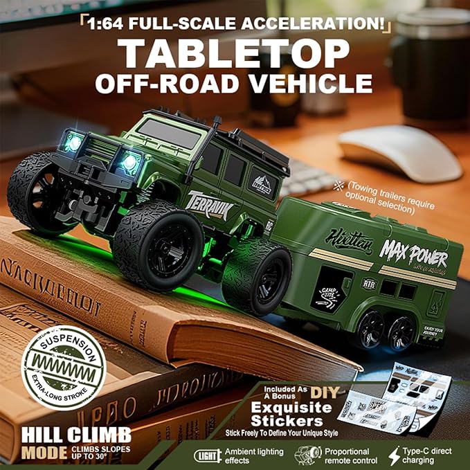 1:64 Scale Mini RC Crawler with Gyro Full Proportional RTR 2.4Ghz Remote Control Truck with RGB Lights (E88-Yellow)
