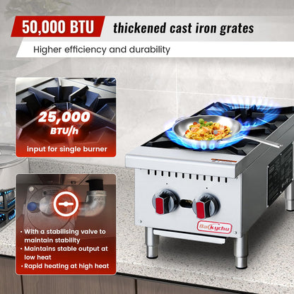 Backychu 2-Burner Commercial Gas Stove- 50,000 BTU Countertop Cooking Stove Range, Heavy-Duty Hot Plate, Stainless Steel Cooking Equipment for Restaurant, kitchens, Propane/Natural Gas