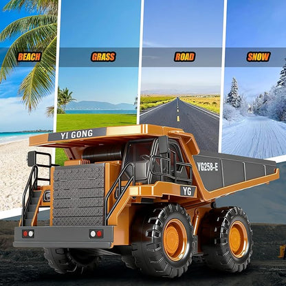 HuiJuKeJi Remote Control Dump Truck - 360° Rotating Metal Bed 9-Channel RC Construction Toy for Indoor Outdoor Play Rechargeable with Lights &amp Sounds for Kids Ages 6+