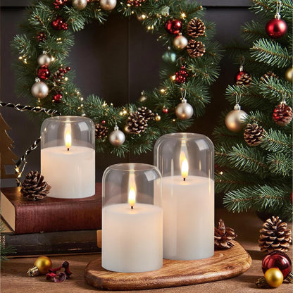 GenSwin Glass Flameless Candles with Remote Timer, Clear Battery Operated Candles with Flickering Flame, Glass and Real Wax LED Pillar Candle for Halloween Christmas Home Decor(Set of 3, D3”x4”5”6”)