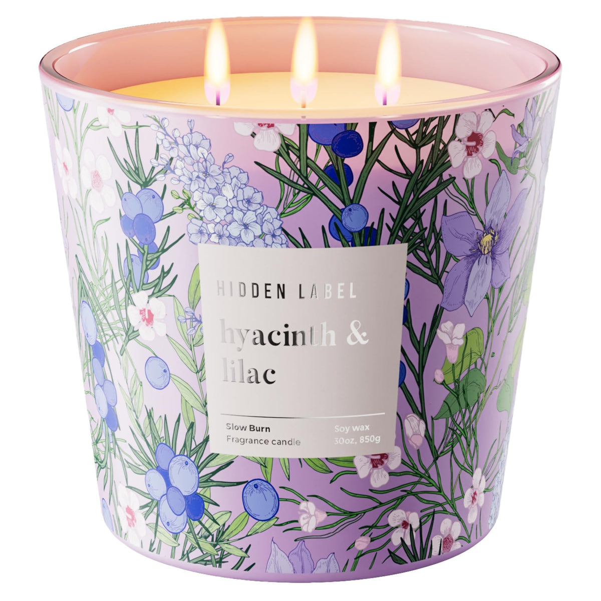Hidden Label Large Soy Candle, Hyacinth Lilac Scented, 3 Wick 30oz, 100Hr Burn, Natural Non-Toxic Aromatherapy Stress Relief, Home Scent, Spa