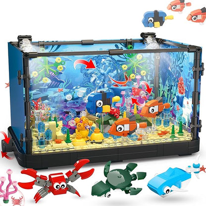 Jorumo Fish Tank Building Block Lighting Aquarium Building Sets for Adults and Kids Including Ocean Jellyfish Dolphin Turtle Crab Animal Building Toys for Boys Age 12+ 725pcs