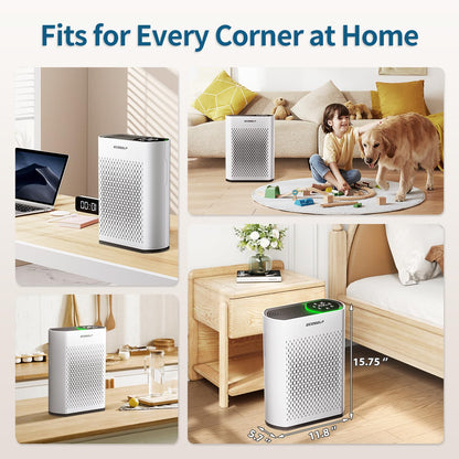 Air Purifier for Large Room, Cleans 2,400 ft² in 30 Mins, 3-Stage True HEPA, 360° Airflow, Large Touch Display Control, Real-Time Air Quality (PM2.5) Display, Ultra-Quiet 20dB Sleep Mode, HAP602 White