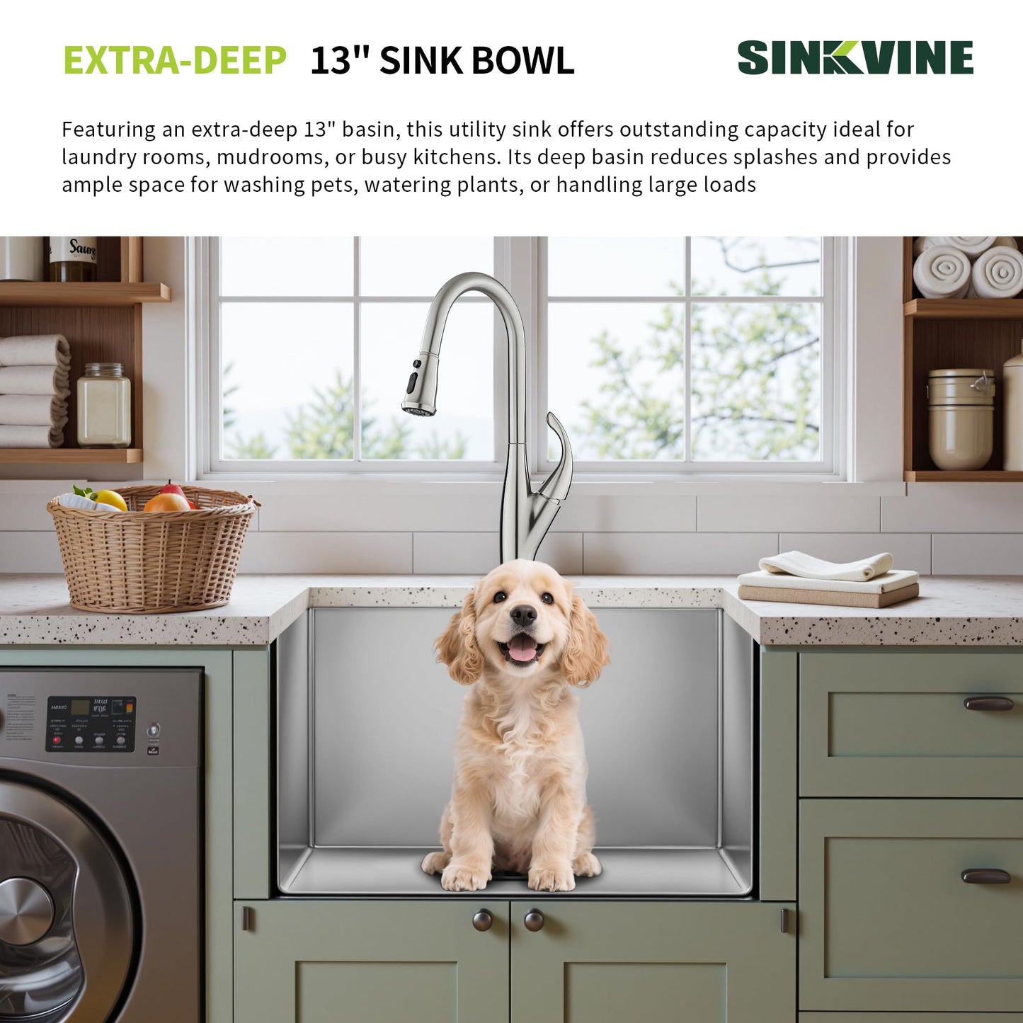 SINKVINE 23-inch Undermount Laundry Utility Sink - 23x19x13 Extra Deep Stainless Steel Single Bowl Basin with Drain Strainer, Bottom Grid & Drying Unit for Laundry Room, Outdoor, Garage, Kitchen Use