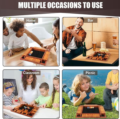 4 Players Shut The Box Dice Games Wooden Board Table Math Game with 12 Dice and Instructions Classics Close The Box Board Game for Adults Kids Family Classroom Home or Bar