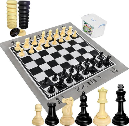 King Size Giant Chess Set with 10 Inch Pieces - Oversized Plastic Chess Game for Indoor/Outdoor Use with Waterproof Mat and Storage Box for Kids Adults Family Fun