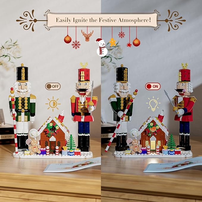 Nutcracker Christmas Decor Building Toys Gingerbread House with Light 2025 Xmas Gifts Ideas for Adults Kids Girls Boys Ages 8-12 Compatible for Lego Christmas Village Decorations for Home