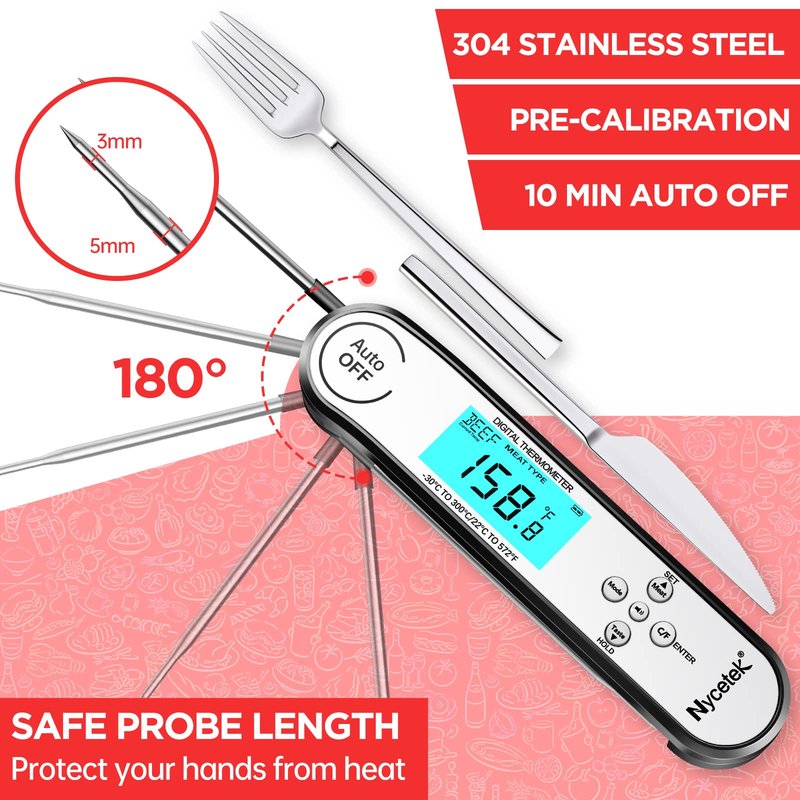 Nycetek Digital Cooking Thermometer, Accurate & Waterproof Instant Read Meat Thermometer with Backlit, Calibration, Probe, Food Thermometer for Kitchen, Grilling, Candy, BBQ, Oil Fry, Baking