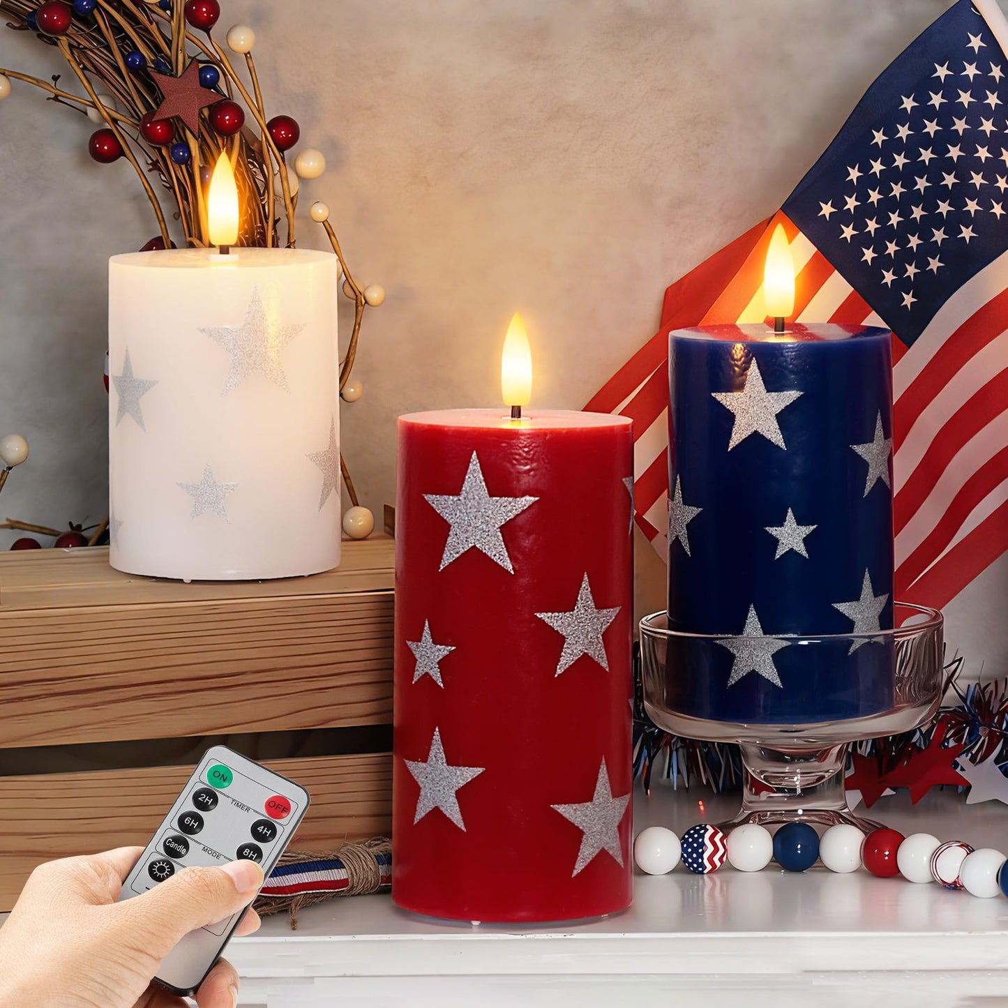 4th of July Flameless Pillar Candles with Remote, 250th Anniversary Patriotic Red White and Blue Battery Operated Candle with Star Sticker, Independence Day Decorations for Home Party Table Fireplace