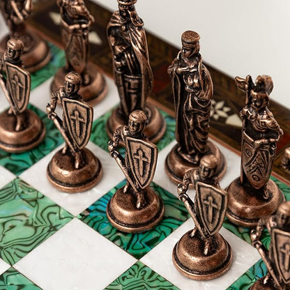 15'' Wooden Chess Set with Metal Chess Pieces – Handmade Storage Chess Board &amp British Metal Pieces – Elegant Chess Gift for All Ages – Gift for Him (Green)
