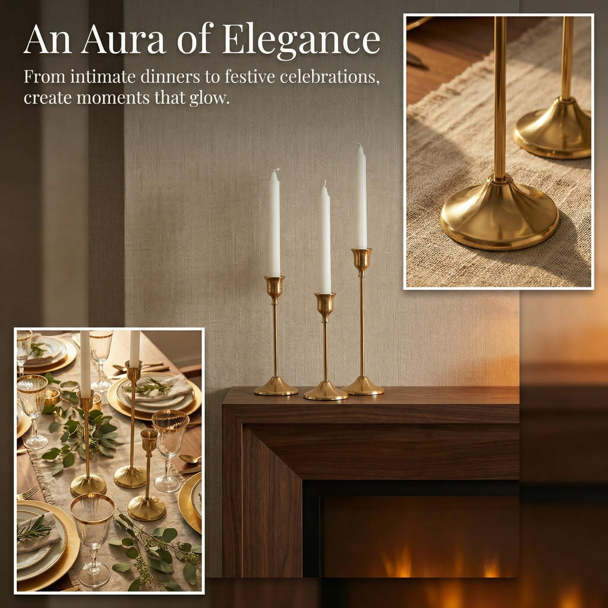 2 Sets(6 Pcs) Brass Tapered Candle Holder,Candlestick Tall Metal Candlestick Holders for Table Centerpiece Home Decor for Wedding Fireplace Mantel Housewarming Gift Fits 3/4 Inch Thick Candles