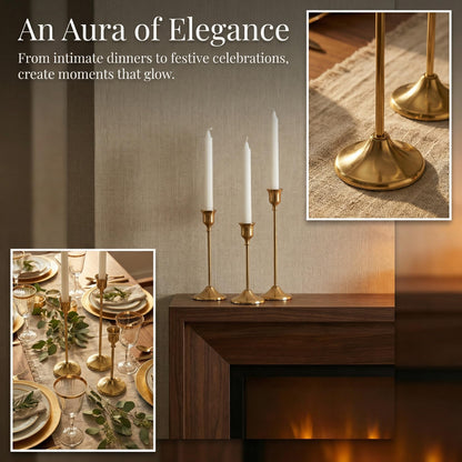 Set of 3 Brass Tapered Candle Holder,Candlestick Tall Metal Candlestick Holders for Table Centerpiece Home Decor for Wedding Fireplace Mantel Housewarming Gift Fits 3/4 Inch Thick Candles