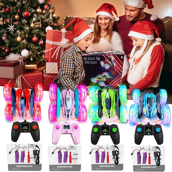lumiparty 4Pack Remote Control Car Toys for Kids 2.4GHz RC Stunt Cars with Wheel Lights Drift High Speed 4WD Off Road Double Sided 360° Rotating Cars for Boys Girls.