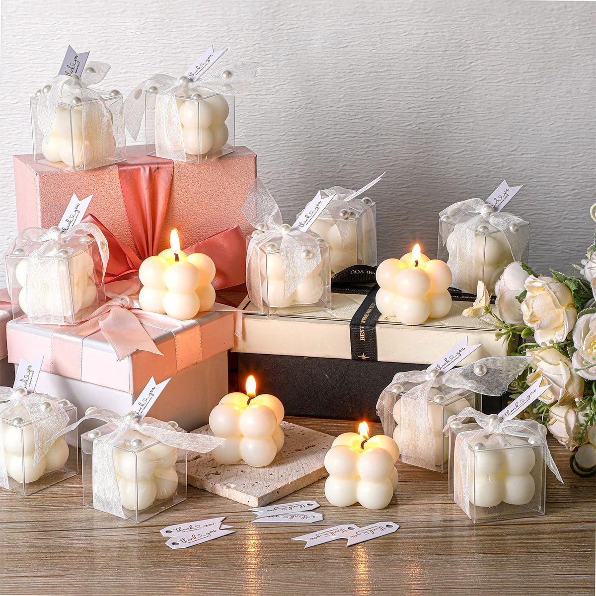Nuanchu 30 Sets Bridal Shower Favors White 1.6" Mini Bubble Candles Wedding Favors Gifts for Guests Aesthetic Bubble Candles Baby Shower Favor with Thank You Card Ribbon for DIY Baptism Gift