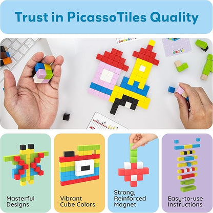 PicassoTiles 100pcs 0.5” Pixel Magnetic Puzzle Cube Mix &amp Match Cubes Sensory Toys STEAM Education Learning Building Block Magnets Children Construction Toy Set Stacking Magnet Creative Kit PMC100