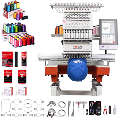 Poolin EOX 15 needle Embroidery for Mid Business,20"x14" Large Area for Jackets,Caps & 3D Puff,Shoes,1200 SPM,10" Touchscreen,WiFi &USB,Auto Color Change & Trim,Built for Continuous Produc