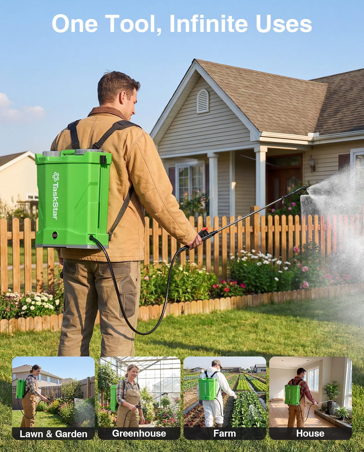 Taskstar Battery Powered Backpack Sprayer 4 Gallon,Two 2000mAh Batteries Electric Sprayer with 0-100 PSI Adjustable, 32" Wand, 6 Nozzles for Lawn Garden Weed Pest Control & Fertilizing