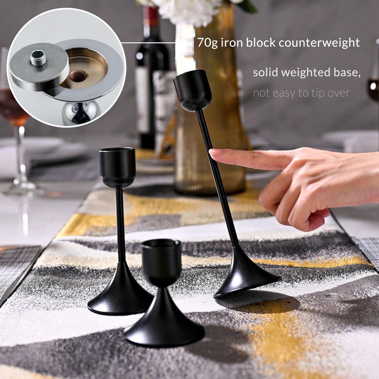 idyllictime Candle Holder Metal Heavy Base for Room Décor Christmas Decorations Party Wedding Halloween Black, 1 Set (3 Pcs)