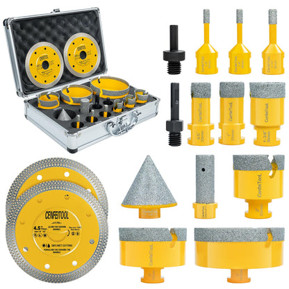 Upgrade 15PCS Diamond Tile Hole Saw Kit: Tile Drill Bits 5/8-11 6/6/8/20/25/35/50/75/100mm, Finger Bit/Chamfer Bit/Cutting Disc/SDS Adapter, Diamond Core Drill Bits Set, Ceramic Tile Porcelain Granite
