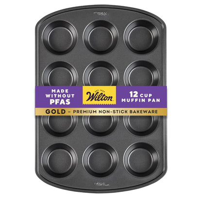 Wilton Gold Non-Stick Bakeware Muffin Pan - Baking Pan for Muffins & Cupcakes - Made Without PFAS, Dent Resistant & Dishwasher Friendly - Offers Even Heat Distribution - 10.5 x 15 x 2 Inches, 12 Cup