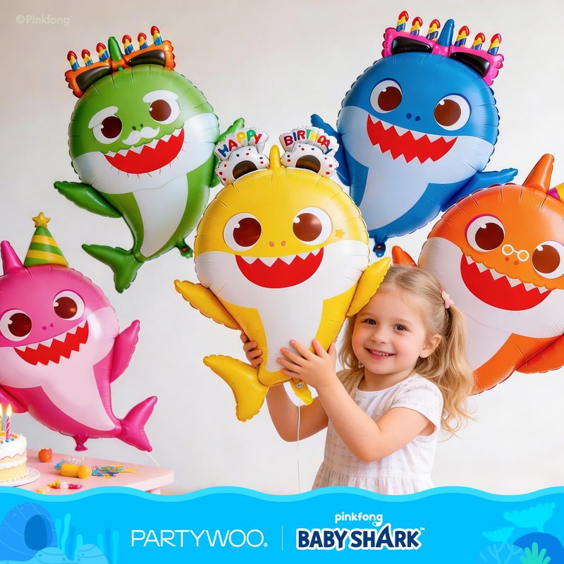 PartyWoo Baby Shark Family Foil Balloons 37pcs Baby Shark Family Pink Round Star Mylar Happy Birthday Letter Balloons for Boys and Girls Under the Sea Kids Birthday Party Decorations