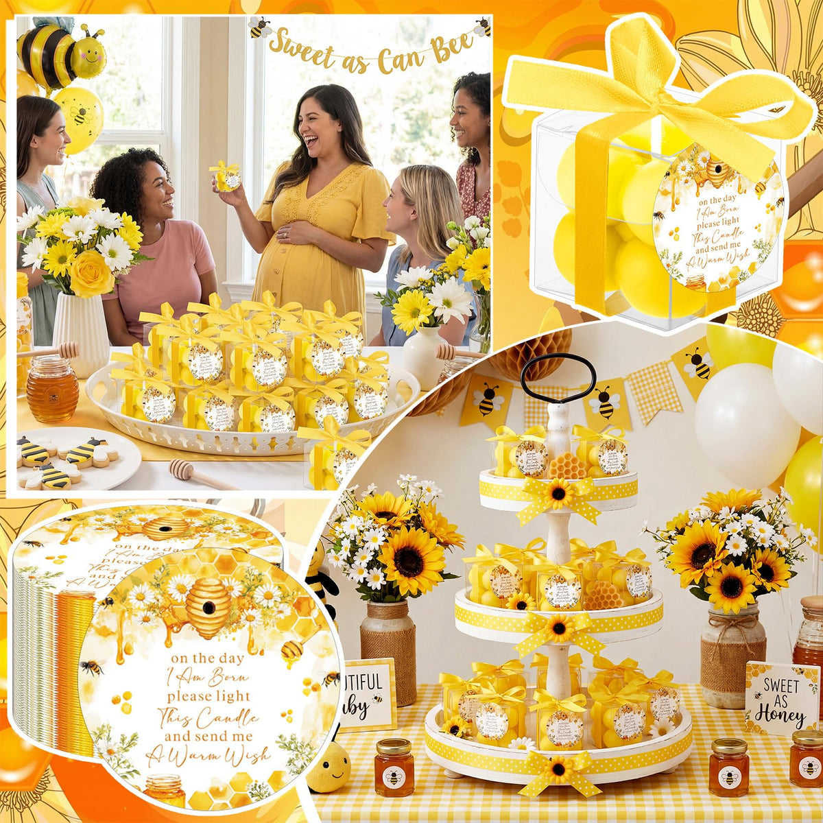 MTLEE 24 Sets Bee Baby Shower Favors Party Candle Small Bubble Candle Baby Shower Favors for Guests Tea Candles Bulk with Stylish Ribbons Cards Gifts (Yellow, Bee)