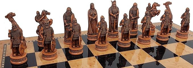 Antique Ivory &amp Brown Norse Viking Chess Set with 17 inch Walnut and Birdseye Maple Color Storage Board