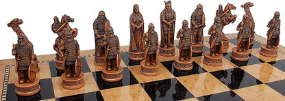 Antique Ivory &amp Brown Norse Viking Chess Set with 17 inch Walnut and Birdseye Maple Color Storage Board