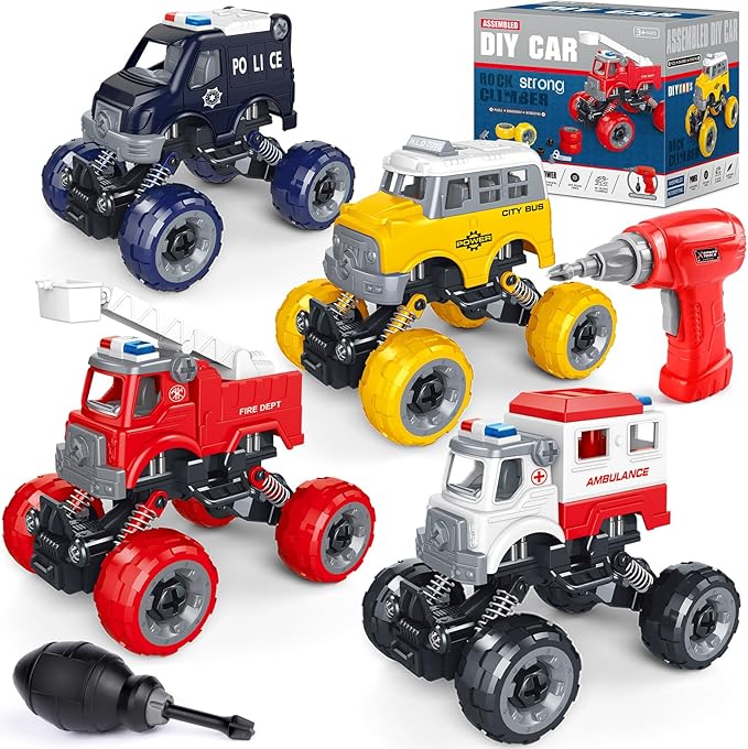 LUDILO Kids Boys Toys Age 4-6 5-7 6-8: 4 PCS DIY Assembly Building City Bus Ambulance Police Car Toy Fire Truck with Electric Drill Stem Learning Toys Gifts for 3 4 5 6 7 8 Year Old Boys Girls Kids
