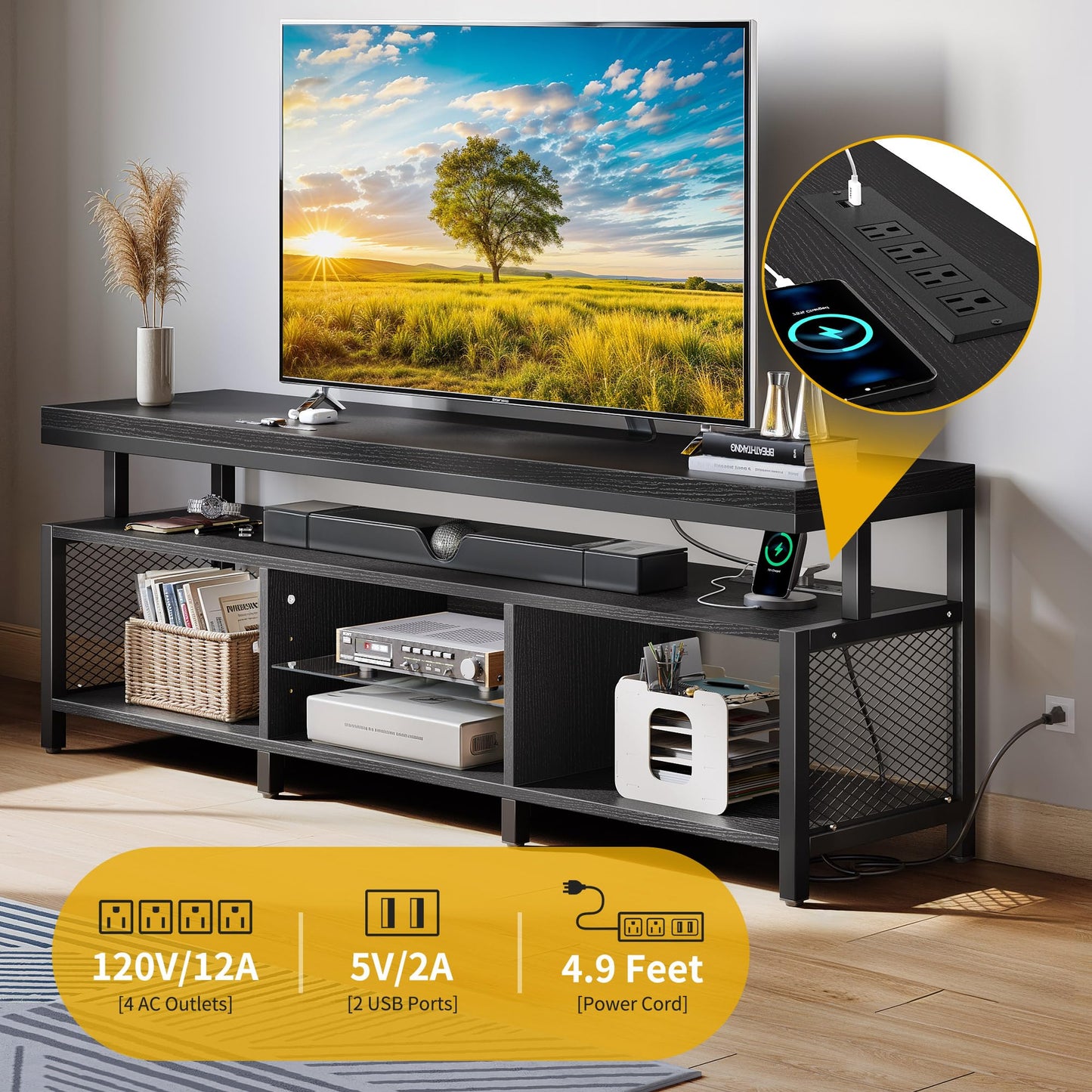DWVO Living Room TV Stands for 70/65 inch TV LED Entertainment Center with Storage, Modern Television Stand, Industrial Media Console Cabinet with Power Outlets, Black