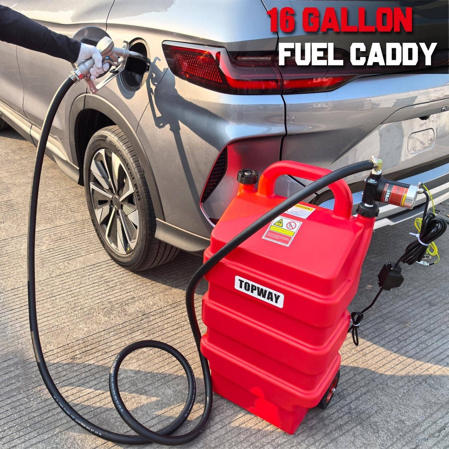 TOPWAY 16 Gallon Portable Fuel Gas Tank Container Caddy with 12V DC Electric Gasoline Diesel Fuel Self-priming Transfer Pump for Cars, Lawn Mowers, ATVs, Boats & More