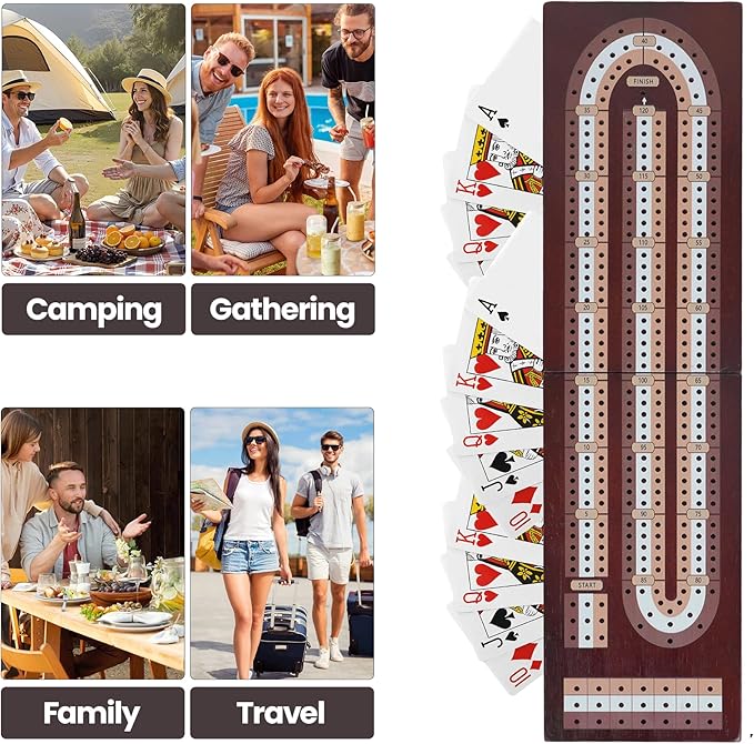 Cribbage Board Game Set Magnetic Lock &amp Built-in Storage - 3-Track Foldable Portable Travel Board for Family &amp Adults to Boost Logic Focus and Social Fun