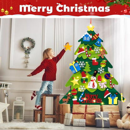 TonJin Felt Christmas Tree Set for Toddlers Kids with 3m/9.8ft Led String Light, 3.2ft/98cm Wall Hanging DIY Christmas Tree with 32 Detachable Ornaments for Xmas Home Decoration