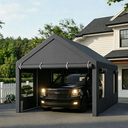 Nuturelly 10x20 FT Carport, Heavy Duty Carport Canopy with Roll-up Windows, Portable Garage with Removable Sidewalls & Doors, Car Canopy with All-Season PE Tarp for Car, Truck, Boat, Gray